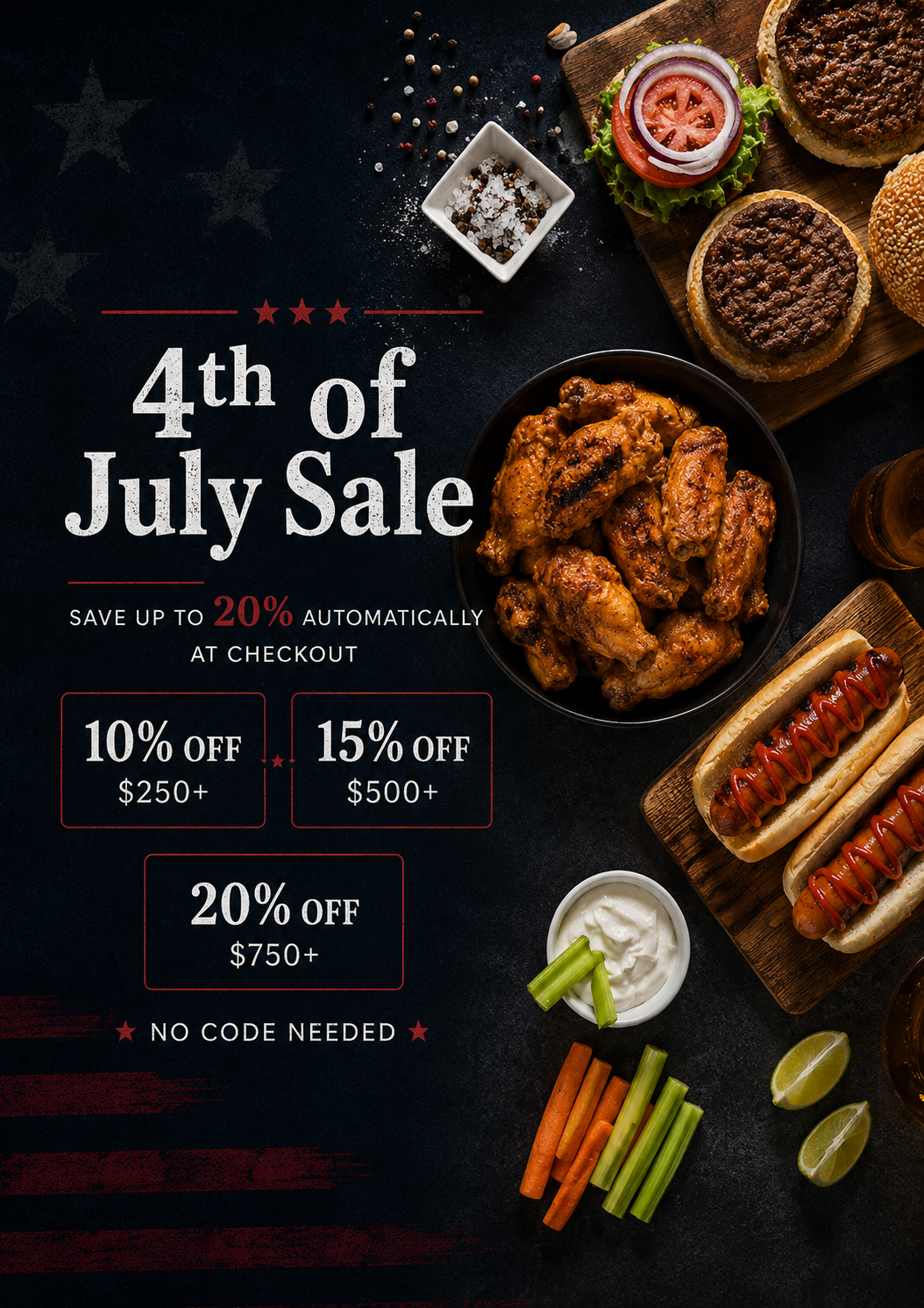Promotional flyer for a 4th of July Sale with food items on a dark background.