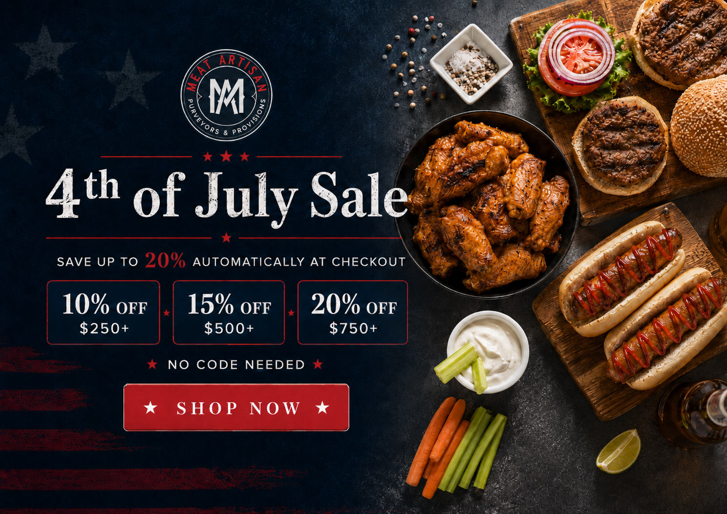 Promotional graphic for a 4th of July Sale with food items and discount information.